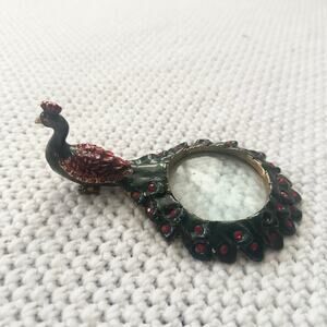 Vintage Peacock Rhinestone Green Enamel Magnifying Glass Brass Desk Paperweight